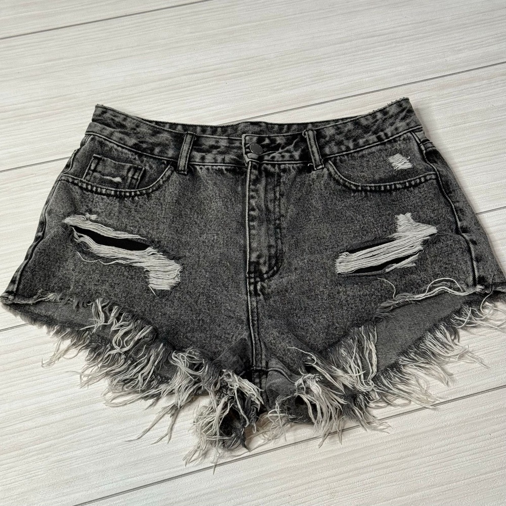 SHEIN Womens Distressed Denim Shorts Black Washed Cut Off High Waist Size 30